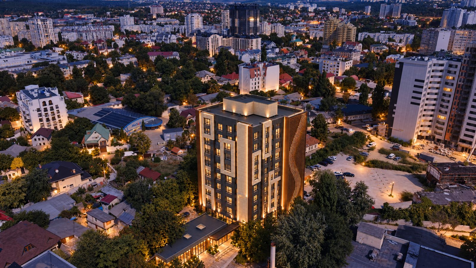Architectural concept of the renovated Hotel Zarea tower and entrance within the city