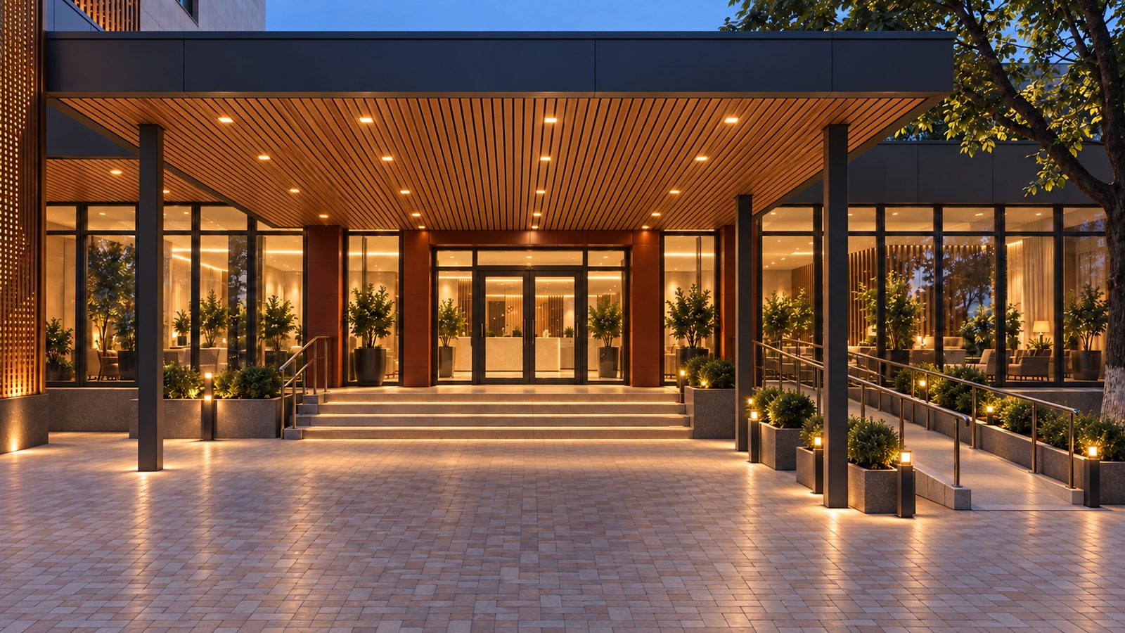 Architectural concept of the renovated Hotel Zarea entrance, front view