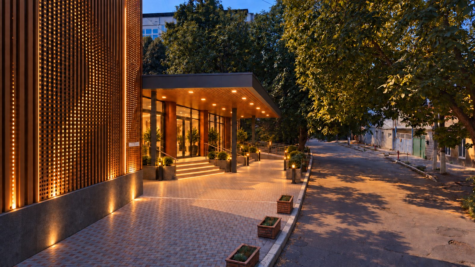 Architectural concept of the renovated entrance and access lane, side view