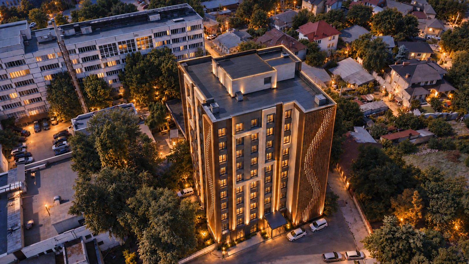 Architectural concept of the Hotel Zarea tower with a bronze facade screen